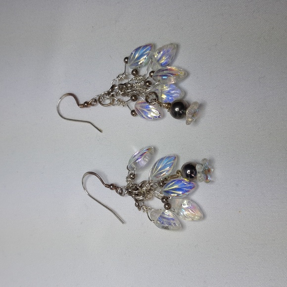 Sterling Silver Wire Wrapped Irridescent Beaded Earrings - Picture 2 of 5